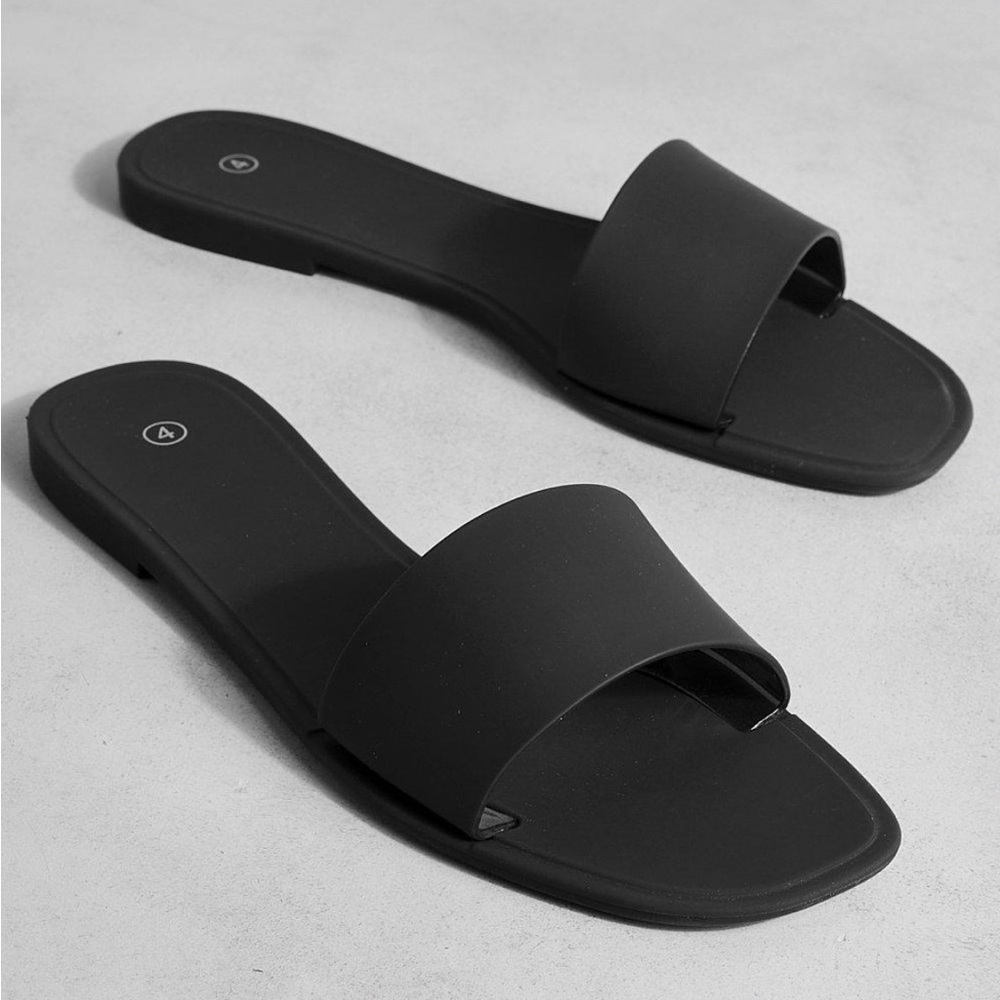 #65 - Classic Black Slide Sandals - Women's Minimal Slip-On, Size 7 USA